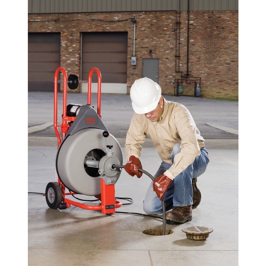 Immagine di Ridgid K-750 Stasatrice a tamburo 230 V per condutture di scarico/fognature da 3" a 8" (90-200 mm), con guanti in PVC, AUTOFEED, set di utensili standard 3/4” e cavo C-100 da 30 m x 20 mm 44157