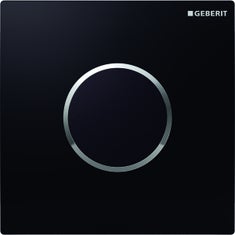 Immagine di Geberit comando per orinatoi con azionamento elettronico del risciacquo, funzionamento a rete, placca di copertura tipo 10, colore nero con anello cromo lucido 116.025.KM.1