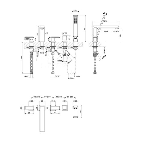 Immagine di Gessi ELEGANZA gruppo bordo vasca cinque fori con bocca di erogazione con deviatore e flessibile 1,50 m finitura rame PVD  46040#030