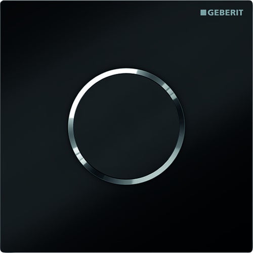 Immagine di Geberit comando per orinatoi con azionamento elettronico del risciacquo, funzionamento a batteria, placca di copertura tipo 10, finitura nero con anello cromo lucido 116.035.KM.1