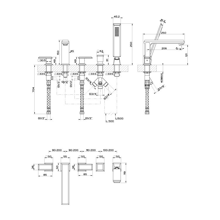 Immagine di Gessi ELEGANZA gruppo bordo vasca cinque fori con bocca di erogazione con deviatore e flessibile 1,50 m finitura finox  46040#149
