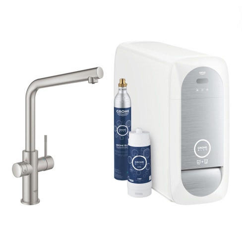 Immagine di Grohe BLUE HOME sistema completo rubinetto bocca a L e refrigeratore con sistema WiFi finitura cromo satinato  31454DC1