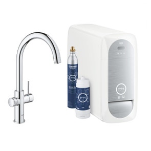 Immagine di Grohe BLUE HOME sistema completo rubinetto con bocca a C e refrigeratore con sistema WiFi finitura cromo 31455001