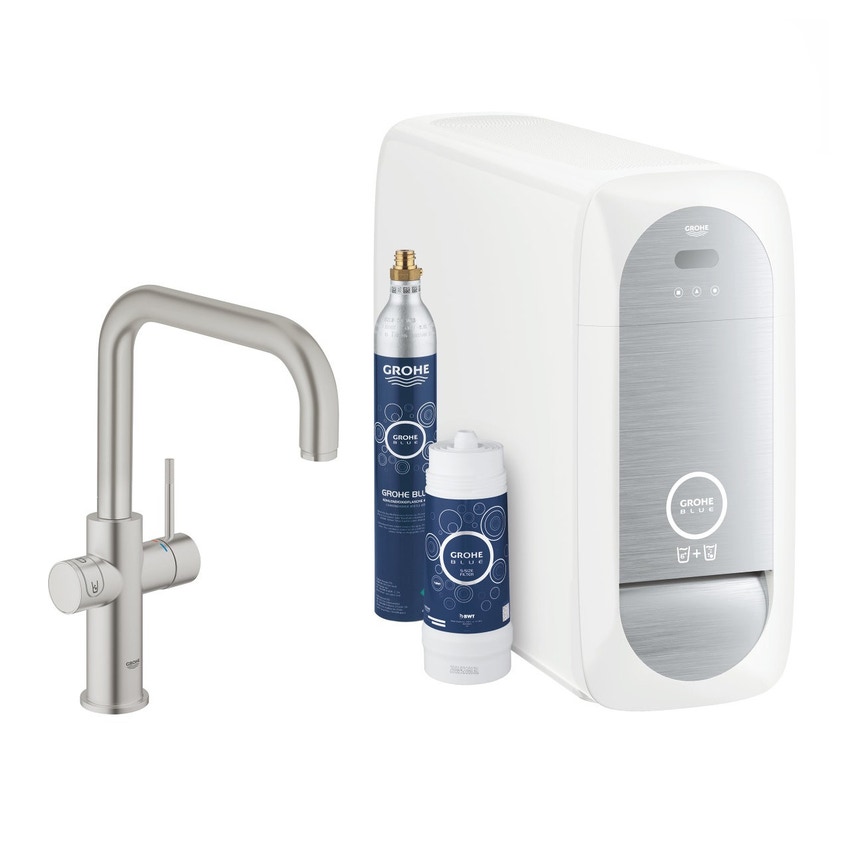 Immagine di Grohe BLUE HOME sistema completo rubinetto bocca a U e refrigeratore con sistema WiFi finitura cromo satinato 31456DC1