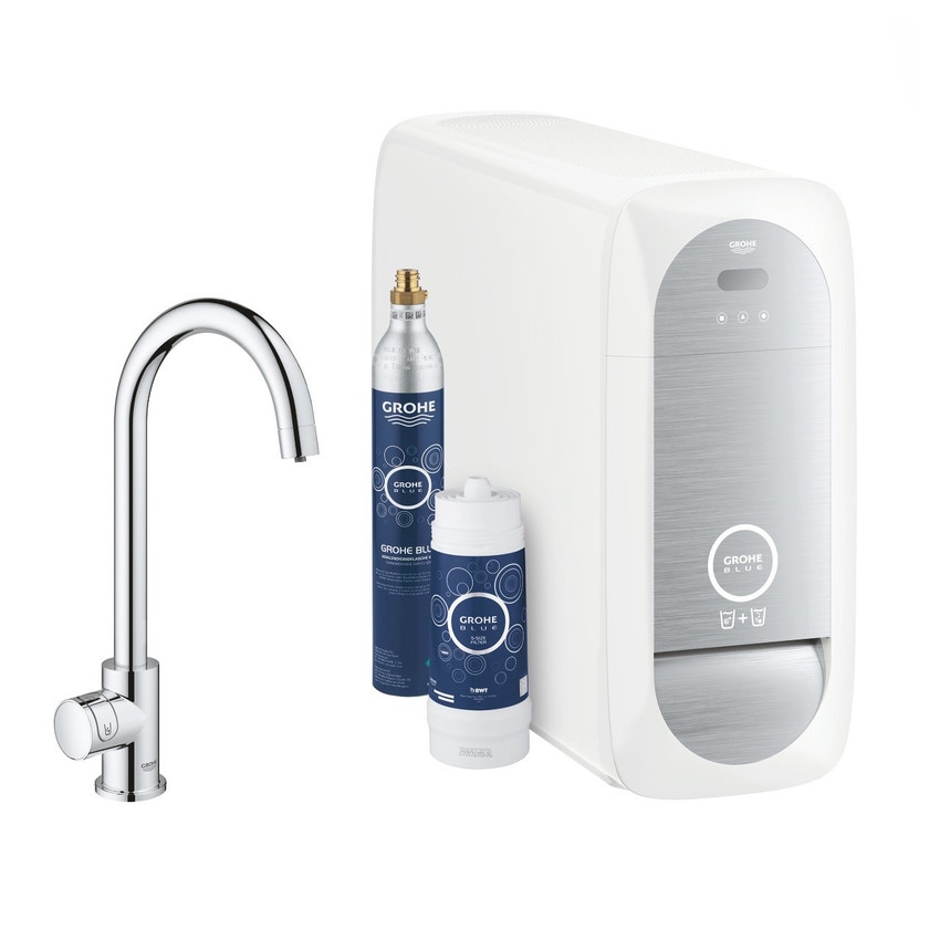 Immagine di Grohe BLUE HOME sistema completo mono rubinetto bocca a C e refrigeratore con sistema WiFi finitura cromo 31498001