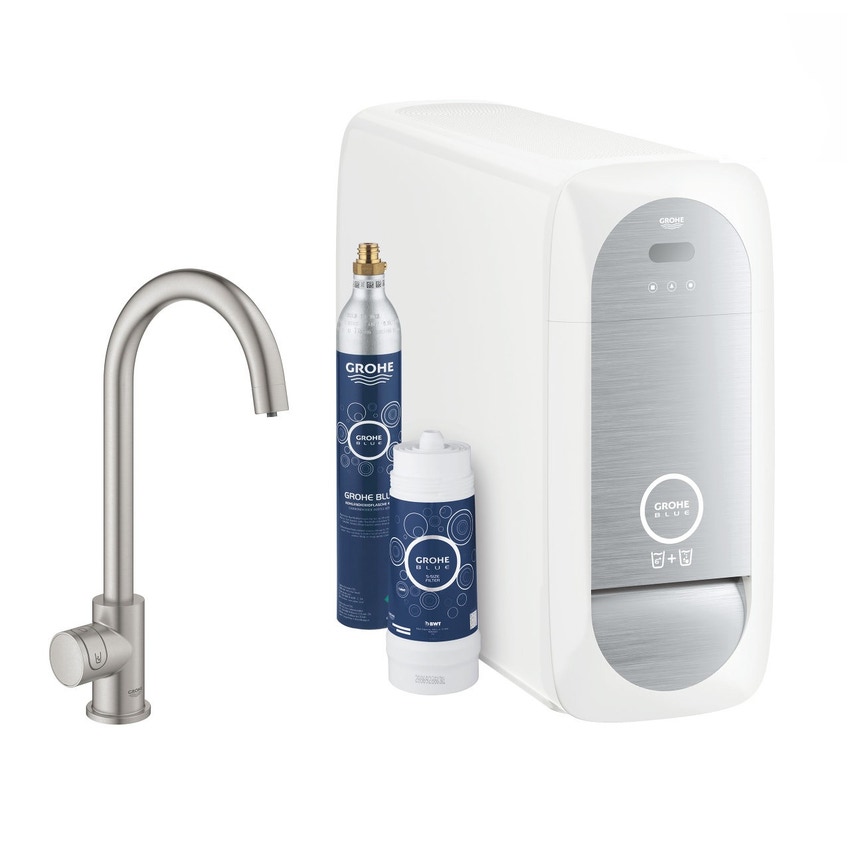 Immagine di Grohe BLUE HOME sistema completo mono rubinetto bocca a C e refrigeratore con sistema WiFi finitura cromo satinato 31498DC1
