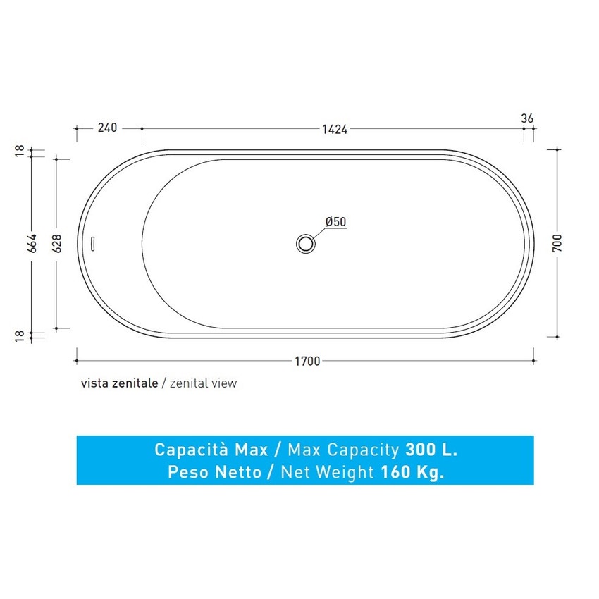 Immagine di Flaminia OVAL vasca 170 cm in pietraluce, colore bianco finitura lucido OV170B