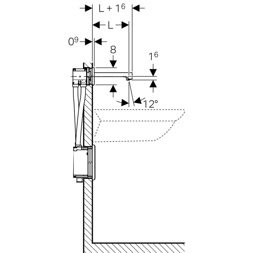 Immagine di Geberit BRENTA rubinetteria per lavabo montaggio a parete, funzionamento a rete, per scatola funzionale da incasso con bocca d'erogazione da 17 mm con miscelatore, finitura cromo 116.272.21.1
