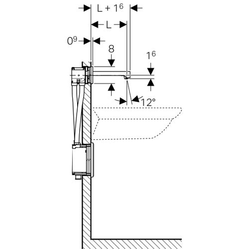Immagine di Geberit BRENTA rubinetteria per lavabo montaggio a parete, funzionamento a rete, per scatola funzionale da incasso con bocca d'erogazione da 22 mm senza miscelatore, finitura cromo 116.291.21.1