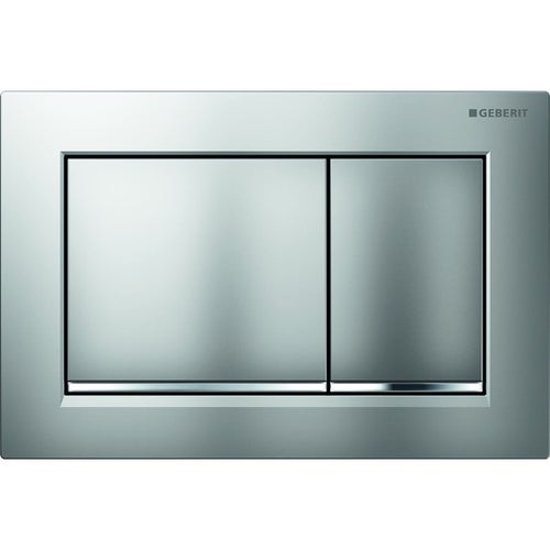 Immagine di Geberit OMEGA30 placca di comando per risciacquo a due quantità, placca e tasti finitura cromo satinato, profili design e telaio finitura cromato lucido 115.080.KN.1