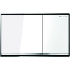 Immagine di Geberit OMEGA60 placca di comando a filo parete per risciacquo a due quantità, tasti colore bianco, profili design finitura a specchio, telaio finitura cromo lucido 115.081.SI.1