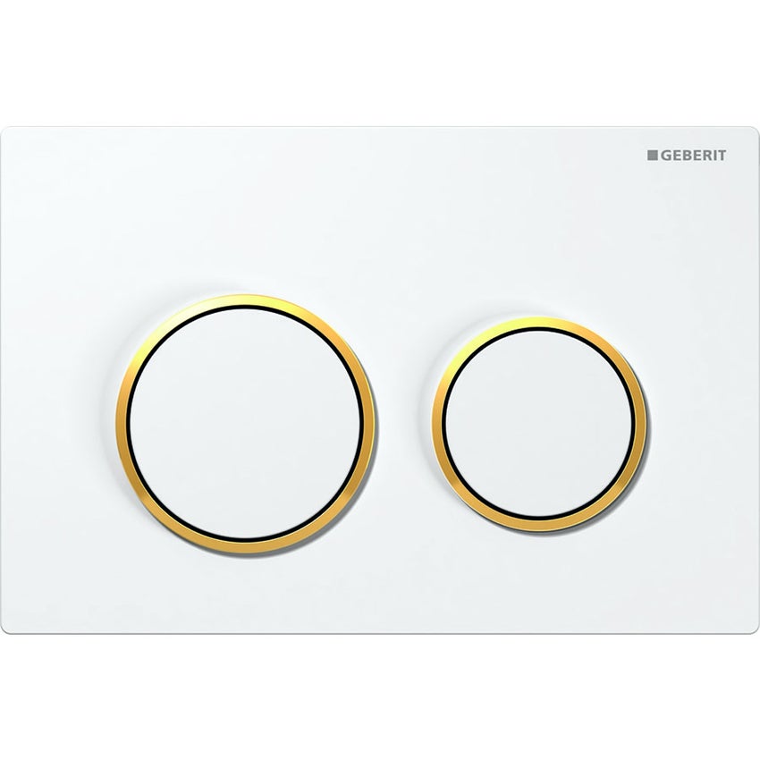 Immagine di Geberit OMEGA20 placca di comando per risciacquo a due quantità, placca e tasti colore bianco, anelli design finitura dorato 115.085.KK.1