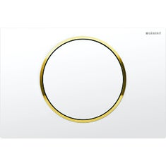 Immagine di Geberit SIGMA10 placca di comando per risciacquo con possibilità d'interruzione, placca e tasto colore bianco, anello design finitura dorato 115.758.KK.5