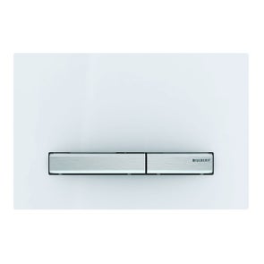 Immagine di Geberit SIGMA50 placca di comando per risciacquo a due quantità, piastra base e tasti finitura cromo, placca di copertura colore bianco 115.788.11.2