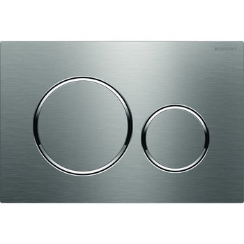 Immagine di Geberit SIGMA20 placca di comando per risciacquo a due quantità, placca e tasti finitura acciaio inox spazzolato, anelli design finitura lucido 115.882.SN.1