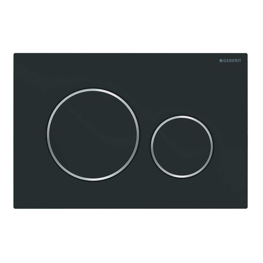 Immagine di Geberit SIGMA20 placca di comando per risciacquo a due quantità, placca e tasti colore nero finitura opaco, anelli design finitura cromo 115.882.14.1