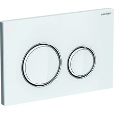 Immagine di Geberit SIGMA50 placca di comando per risciacquo a due quantità, piastra base e anelli di design finitura cromo, placca di copertura e tasti colore bianco 115.884.SI.1