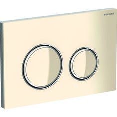 Immagine di Geberit SIGMA50 placca di comando per risciacquo a due quantità, piastra base e anelli di design finitura cromo, placca di copertura e tasti colore sabbia 115.884.TG.1