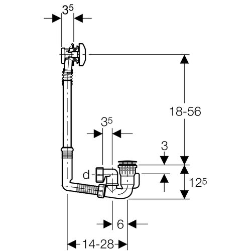 Immagine di Geberit sifone per vasca da bagno con azionamento a rotazione, d52, lunghezza 28 cm, con accessori di completamento e prolunga verticale, principio controflusso finitura cromato lucido 150.605.21.2