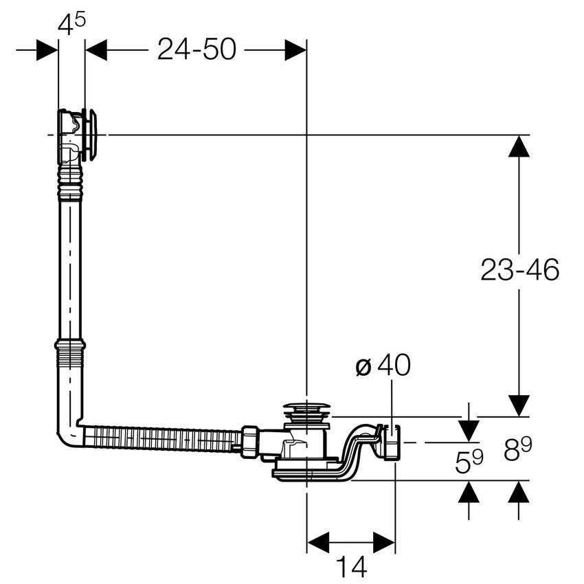 Immagine di Geberit sifone per vasca da bagno con comando a pulsante pushcontrol, d52, lunghezza 50 cm, con accessori di completamento, con prolunga orizzontale finitura cromato lucido 150.766.21.1