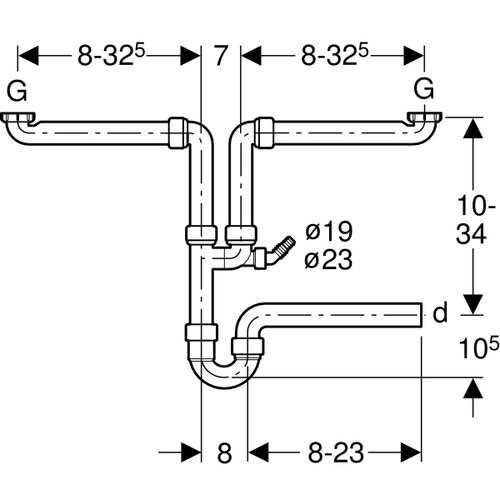 Immagine di Geberit sifone curvo per due lavelli, con portagomma a gomito, scarico orizzontale colore bianco 152.338.11.1