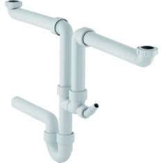 Immagine di Geberit sifone curvo per due lavelli, con portagomma a gomito, scarico orizzontale colore bianco 152.338.11.1