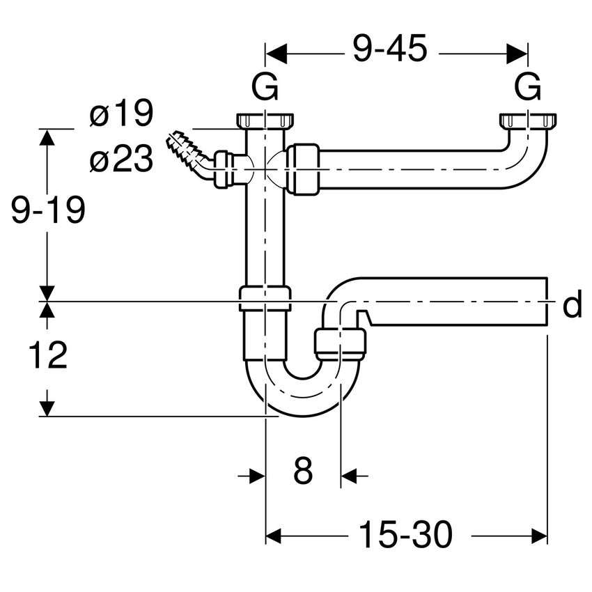 Immagine di Geberit sifone curvo per due lavelli, con portagomma a gomito, extra-lungo, scarico orizzontale colore bianco 152.597.11.1
