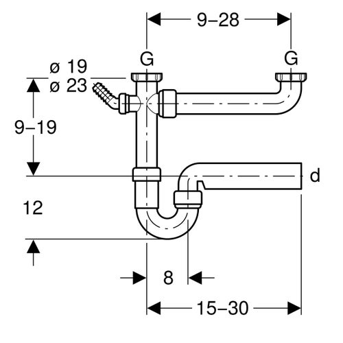 Immagine di Geberit sifone curvo 1 1/4 " per due lavelli, con portagomma a gomito, scarico orizzontale finitura bianco 152.814.11.1