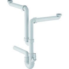 Immagine di Geberit sifone a doppia camera per due lavelli, con portagomma a gomito, scarico orizzontale colore bianco 152.890.11.1