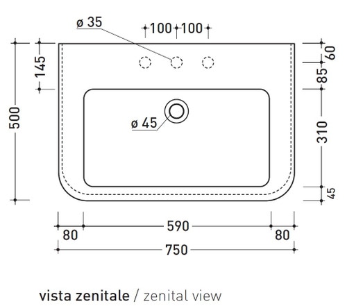 Immagine di Flaminia MADRE lavabo sospeso o da appoggio L. 75 cm con troppopieno, colore bianco finitura lucido MA75L