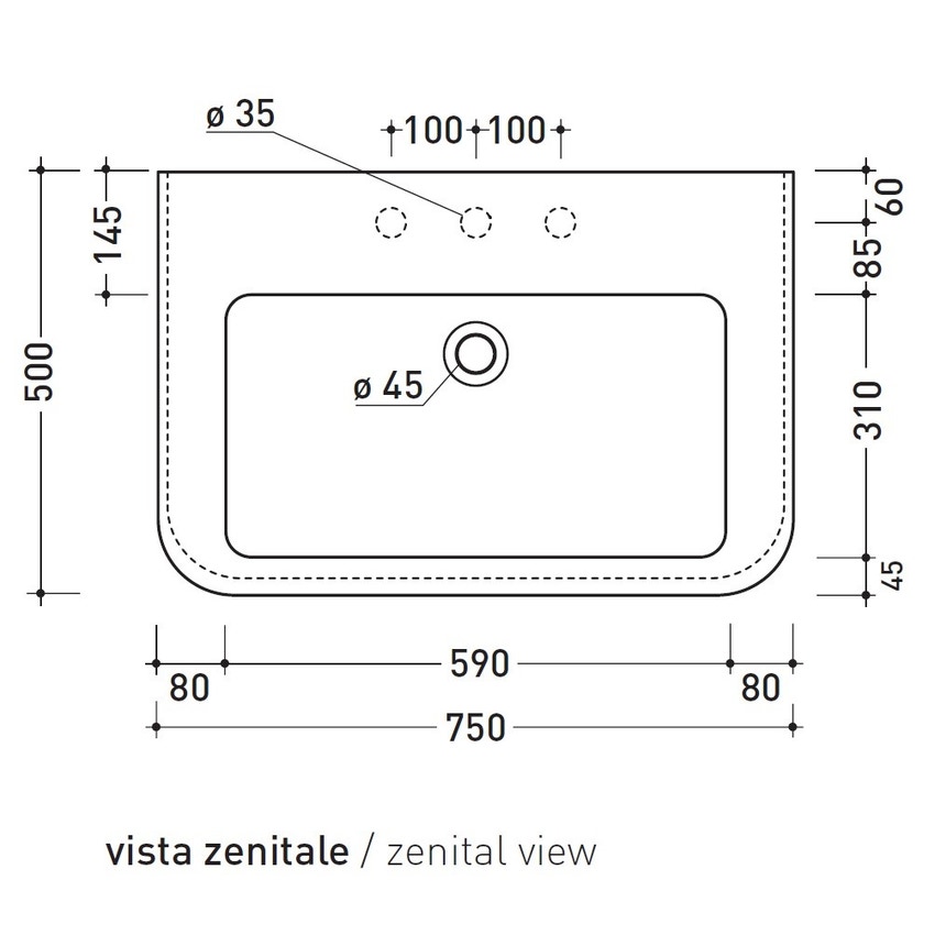 Immagine di Flaminia MADRE lavabo sospeso o da appoggio L. 75 cm con troppopieno, colore bianco finitura lucido MA75L