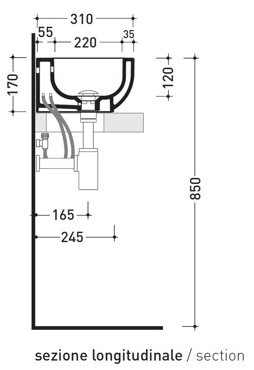 Immagine di Flaminia PASS lavabo L.45 P.31 cm da appoggio o sospeso, con troppopieno, colore bianco finitura lucido PS31LM