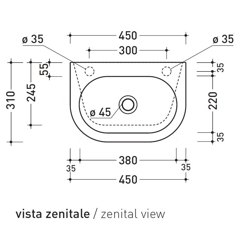 Immagine di Flaminia PASS lavabo L.45 P.31 cm da appoggio o sospeso, con troppopieno, colore bianco finitura lucido PS31LM