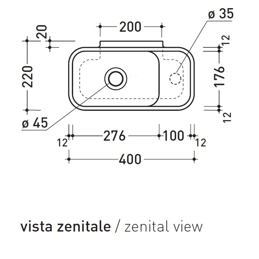 Immagine di Flaminia PASS lavabo L.40 P.22 cm da appoggio o sospeso, senza troppopieno, con foro per rubinetteria a destra, colore bianco finitura lucido PS40LD