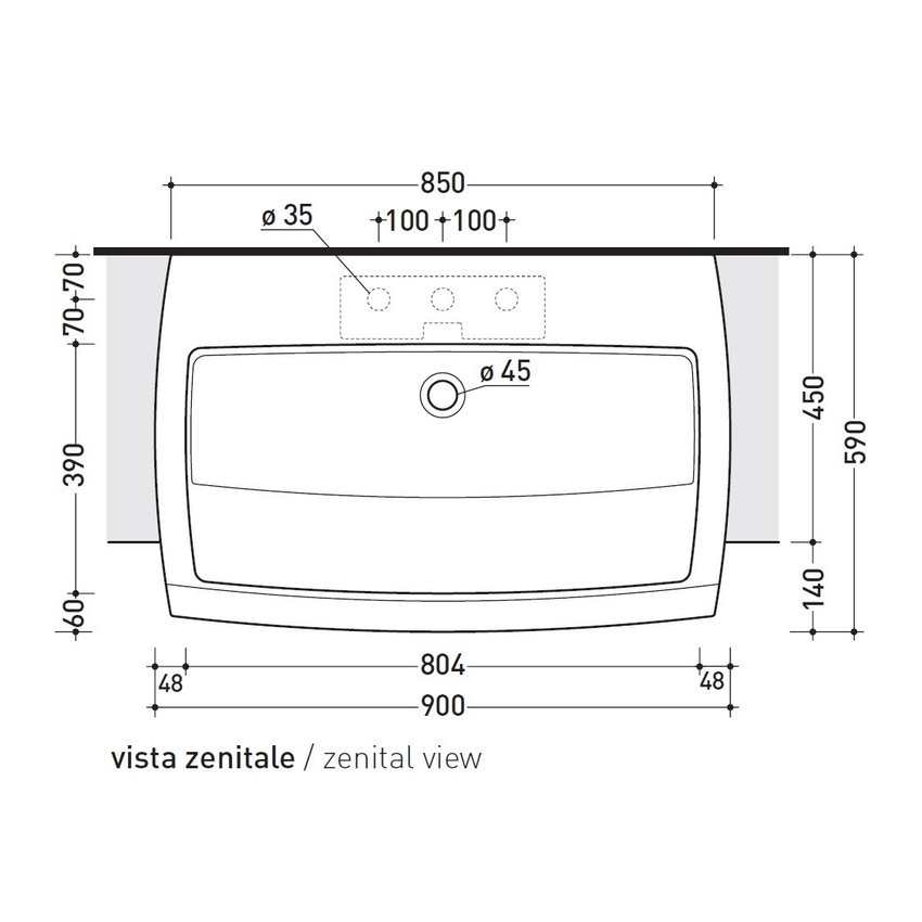 Immagine di Flaminia UNA 90 lavabo 90 cm semincasso, con troppopieno, colore bianco finitura lucido UNA90L