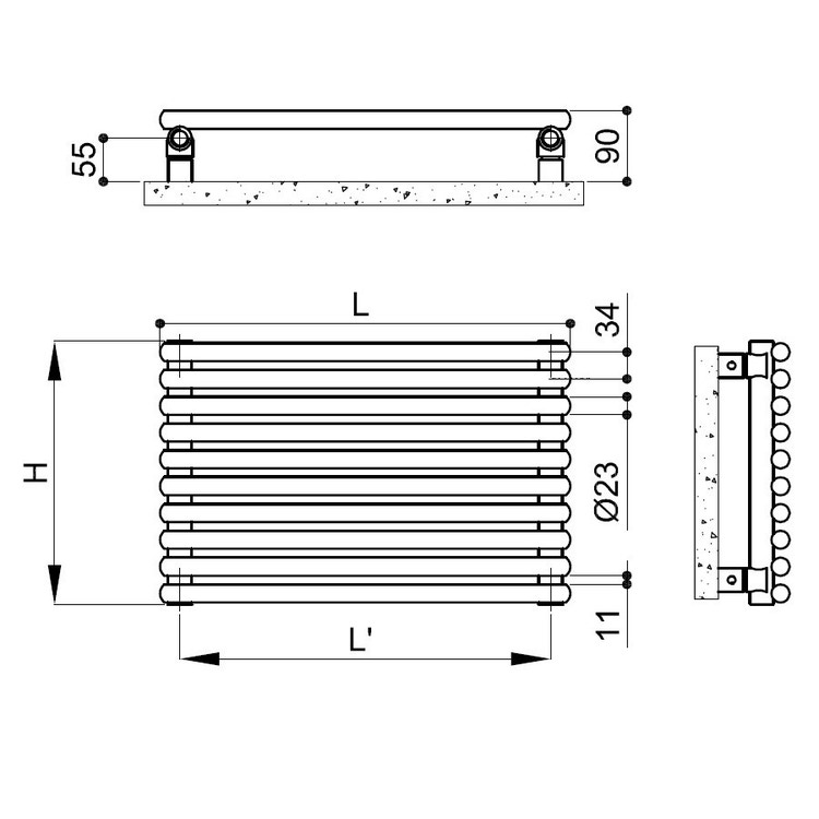 Irsap ARPA23 radiatore orizzontale 10 elementi, H.33,4 L.87 P.5 cm, colore nero finitura opaco SI1087010K1IR01H