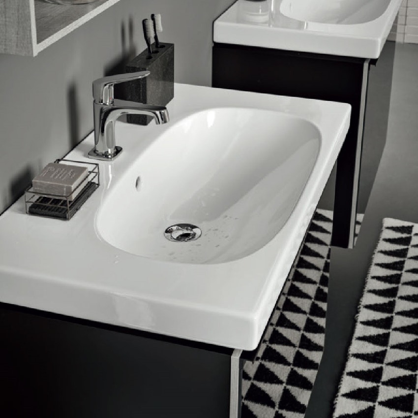 Geberit 500.630.01.8 ACANTO lavabo L.75 cm con foro rubinetteria, piano  d'appoggio troppopieno nascosto e tappo per piletta, colore bianco finitura  KeraTect