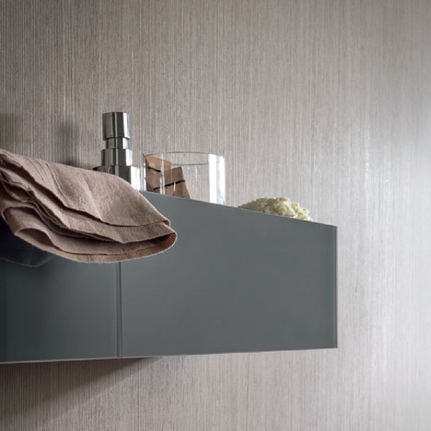 Geberit ACANTO composizione bagno: mobile sottolavabo sospeso, colore lava  finitura lucido + 2 specchi contenitori con illuminazione, finitura rovere  mystic + doppio lavabo monoforo, colore bianco 500.613.JK.2-500.628.01.2