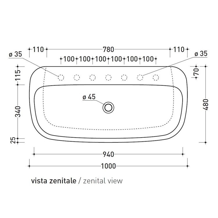 Immagine di Flaminia MONÒ 100 lavabo 100 cm da appoggio o sospeso, senza troppopieno, colore bianco latte finitura opaco MN100LLAT
