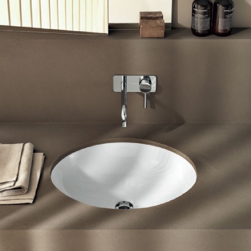 Immagine di Geberit VARIFORM lavabo rotondo sottopiano da incasso 39 cm, senza foro rubinetteria, con troppopieno, colore bianco finitura lucido 500.744.01.2