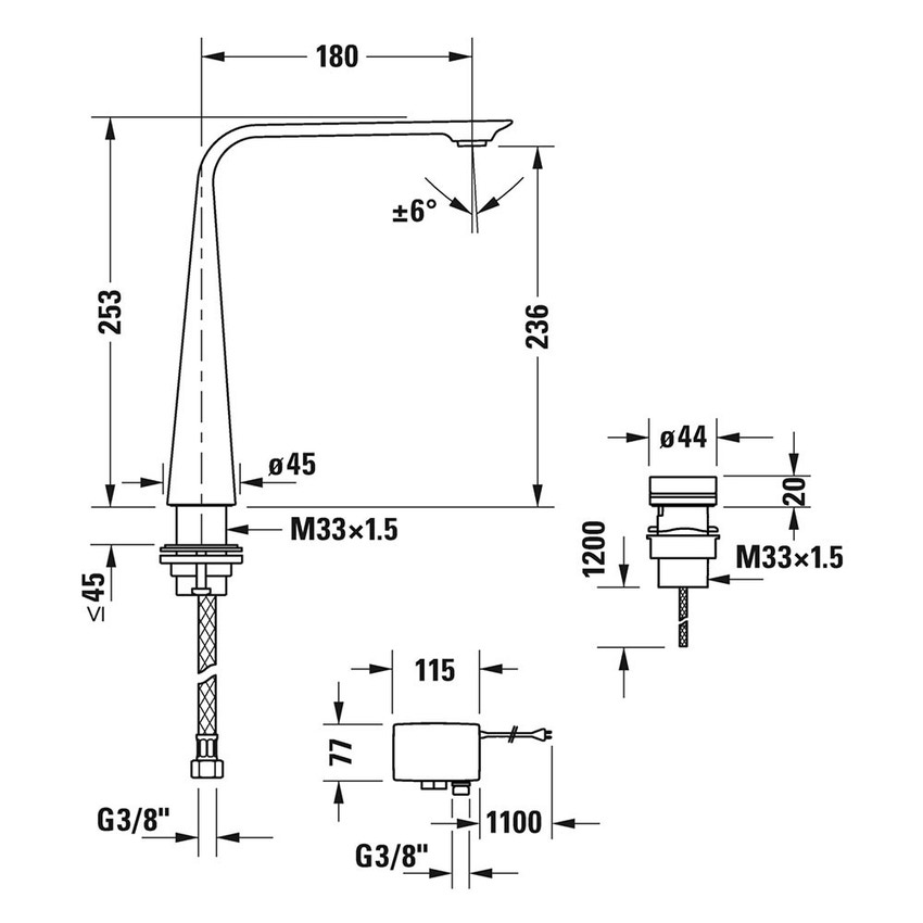 Immagine di Duravit D.1 rubinetteria elettronica a 2 fori taglia XL con alimentatore a spina, finitura cromo D11110007010