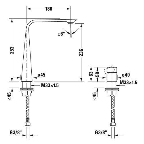 Immagine di Duravit D.1 rubinetteria a 2 fori per lavabo taglia XL con pomello zigrinato, finitura cromo D11130009010