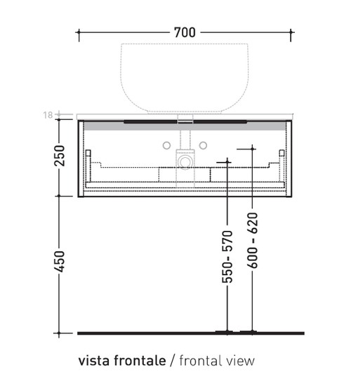 Immagine di Flaminia BOX base portalavabo sospesa, 1 cassetto, L.70 P.37 H.25 cm, con top e foro per lavabo da appoggio, finitura oj grigio BX990+BXPR38OJG