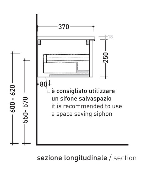 Immagine di Flaminia BOX base portalavabo sospesa, 1 cassetto, L.70 P.37 H.25 cm, con top e foro per lavabo da appoggio, finitura oj grigio BX990+BXPR38OJG
