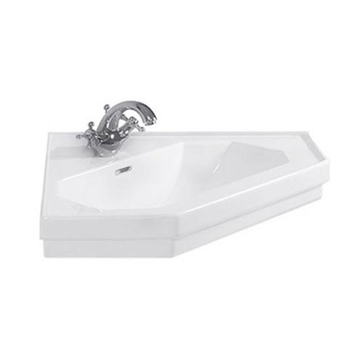 Immagine di Duravit 1930 lavamani d'angolo monoforo L.60 cm, con troppopieno e bordo per rubinetteria, con lato inferiore smaltato, colore bianco 0793420000
