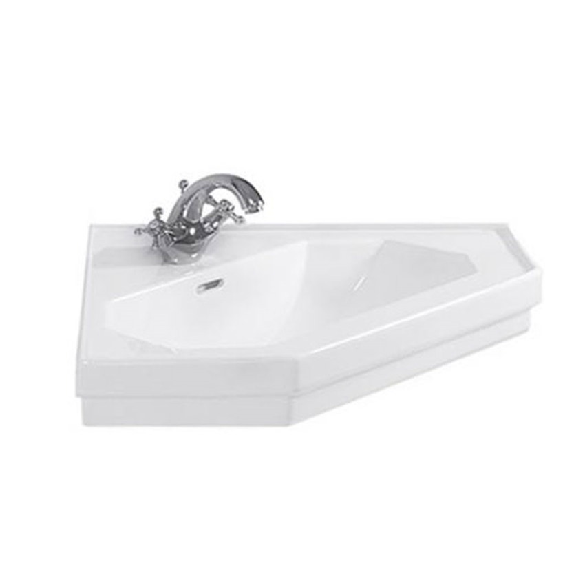 Immagine di Duravit 1930 lavamani d'angolo monoforo L.60 cm, con troppopieno e bordo per rubinetteria, con lato inferiore smaltato, rivestimento Wondergliss, colore bianco 07934200001