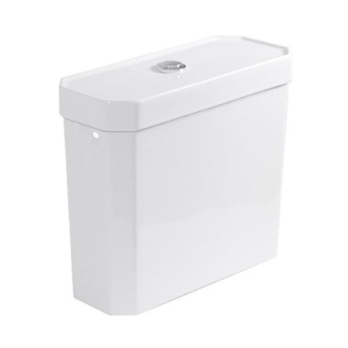Immagine di Duravit 1930 cassetta di sciacquo per attacco sinistra basso, con batteria Dual Flush, rivestimento Wondergliss, colore bianco finitura pulsante cromato 08722100051