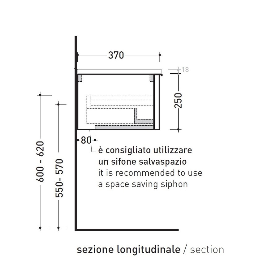 Immagine di Flaminia BOX base portalavabo sospesa, 1 cassetto, L.85 P.37 H.25 cm, con top e foro per lavabo da appoggio, finitura ok arly BX992+BXPR38ARL