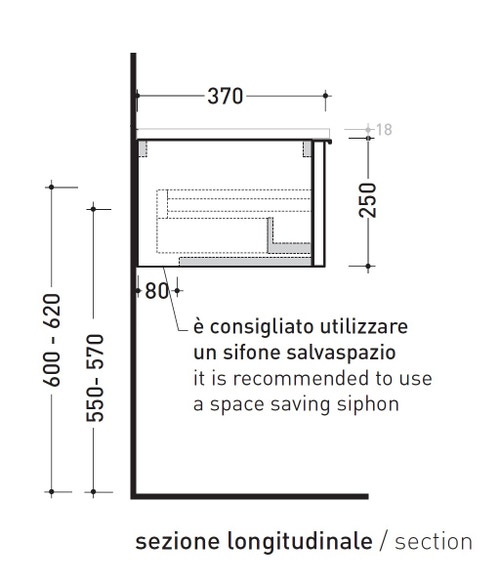 Immagine di Flaminia BOX base portalavabo sospesa, 1 cassetto, L.105 P.37 H.25 cm, con top e foro per lavabo da appoggio, finitura oj canapa BX968+BXPR38OJC