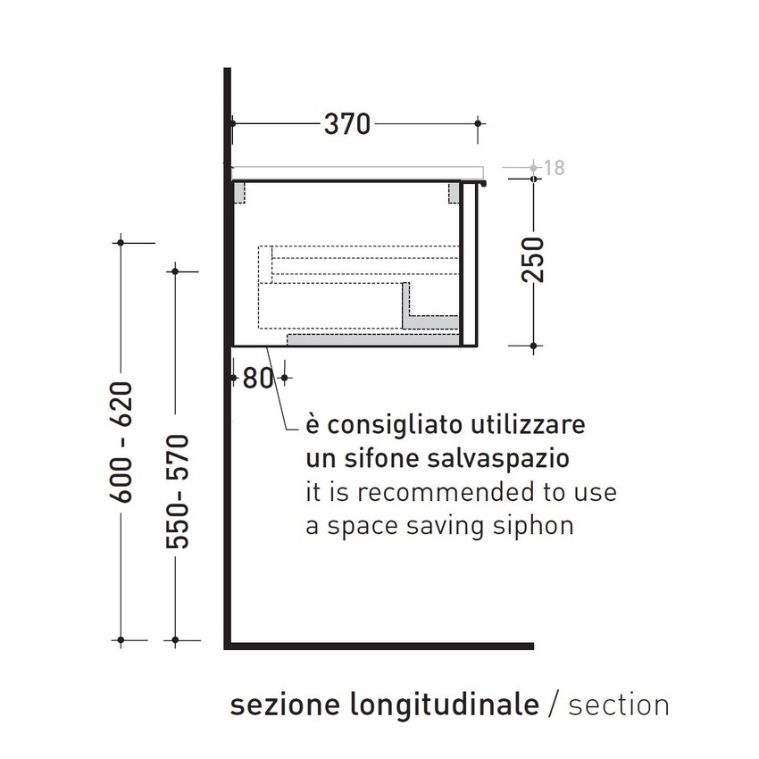 Immagine di Flaminia BOX base portalavabo sospesa, 1 cassetto, L.105 P.37 H.25 cm, con top e foro per lavabo da appoggio, finitura oj canapa BX968+BXPR38OJC